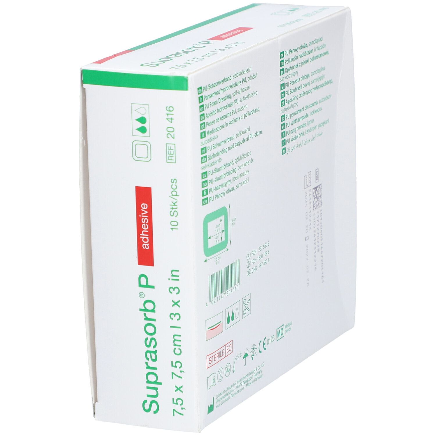 Schräg gestellte Verpackung von Suprasorb® P. Produktname, Größenangabe und Logo sichtbar.