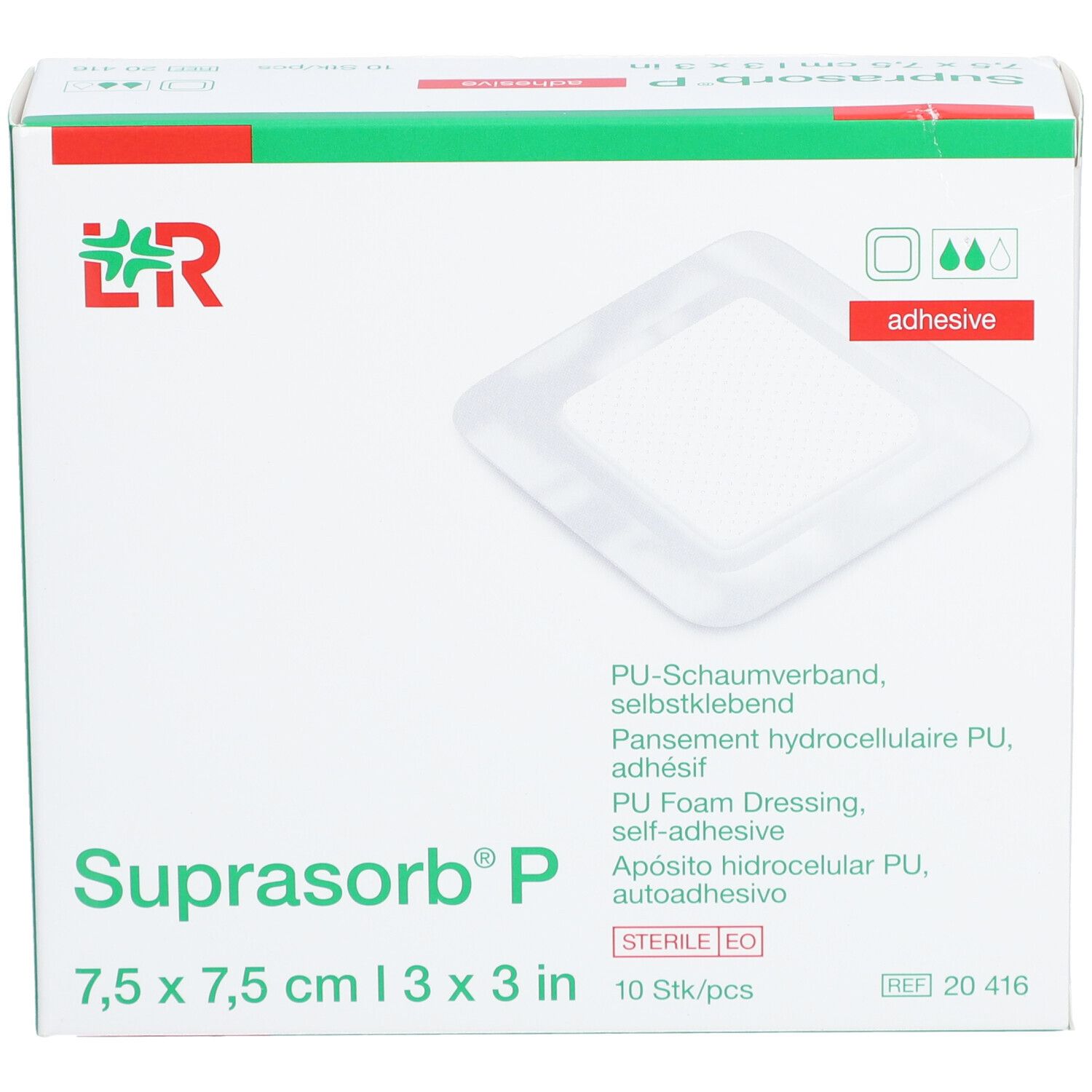 Verpackung von Suprasorb® P, 7,5 x 7,5 cm. Mit Logo, Produktname, Größenangabe und 10 Stück.