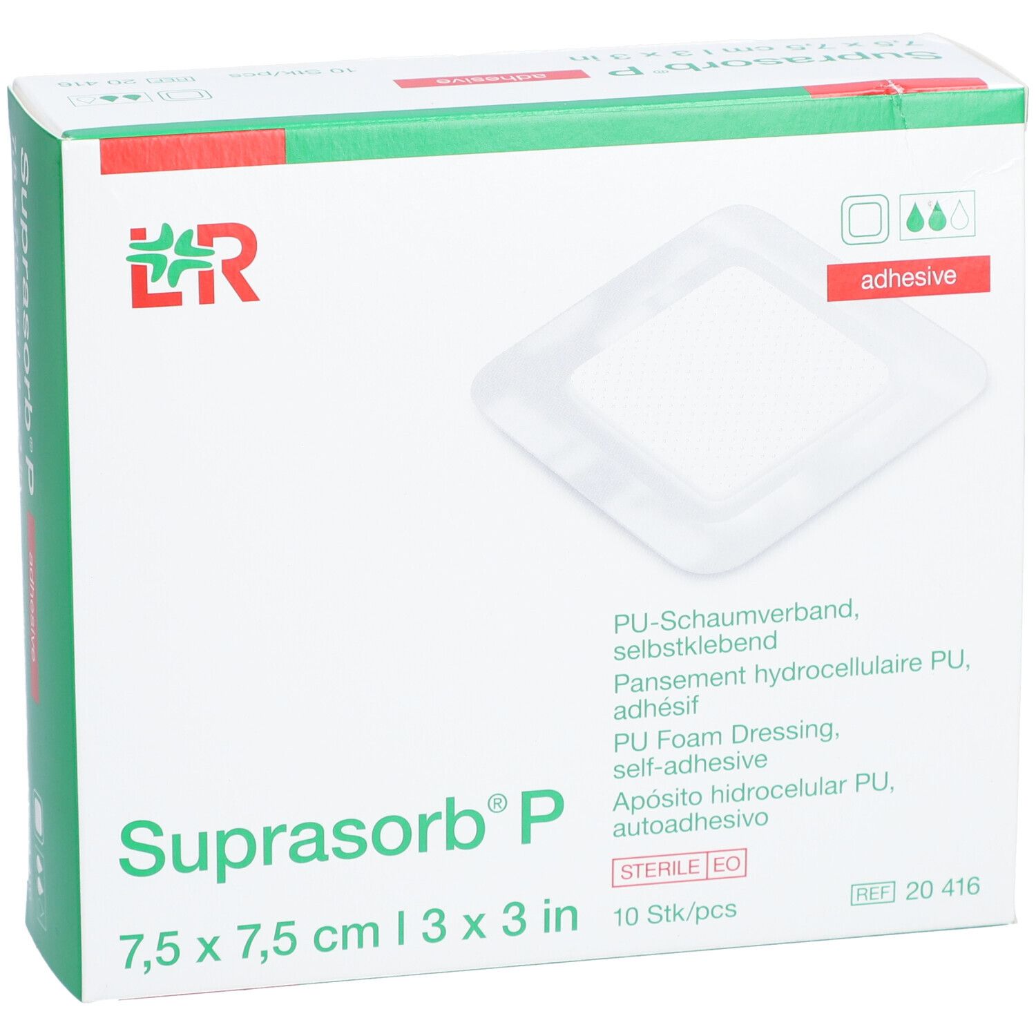 Verpackung von Suprasorb® P, 7,5 x 7,5 cm. Mit Logo, Produktname, Größenangabe und 10 Stück.