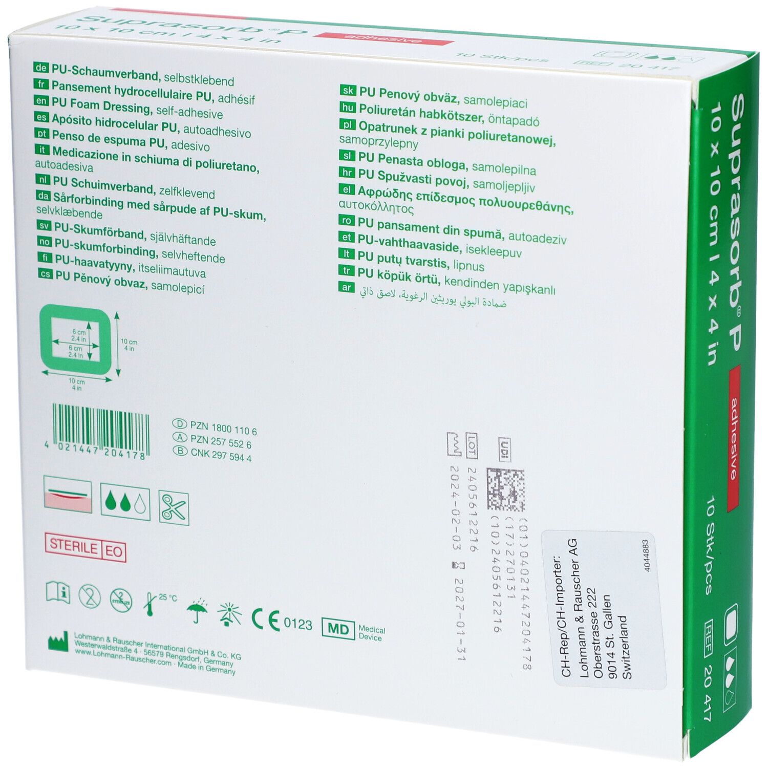 L&R Suprasorb® P Pansement hydrocellulaire PU, adhésif 10 x 10 cm