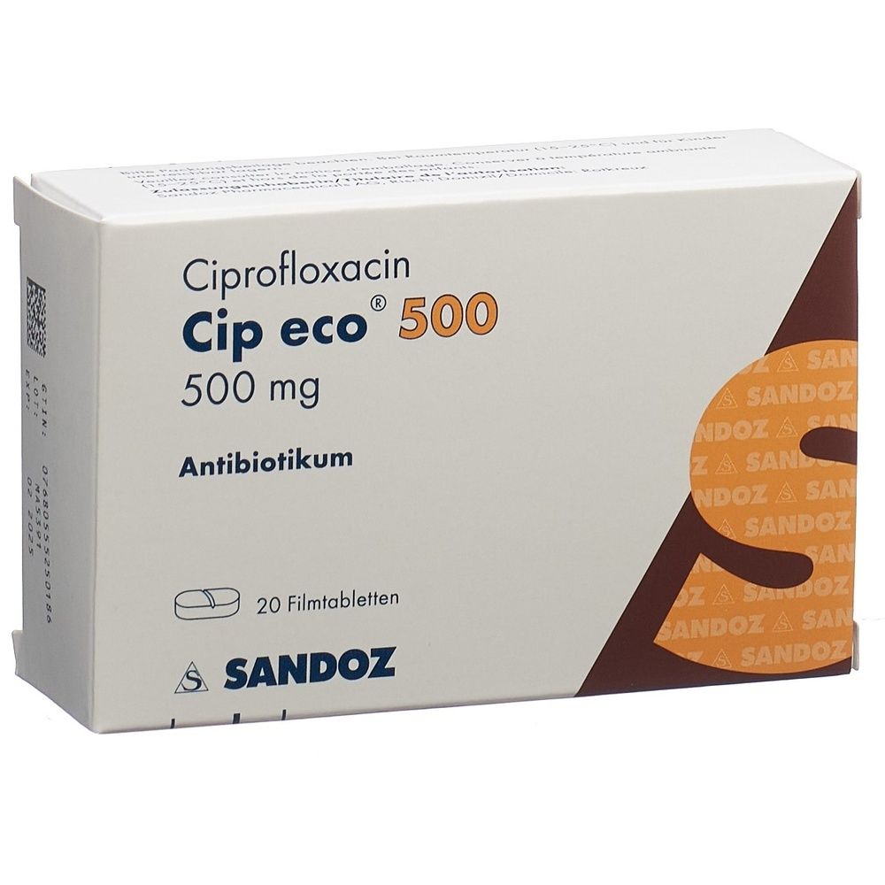 Boîte avec indication du produit: Cip eco 500 mg comprimés pelliculés. 20 unités. Marque: Sanofi.