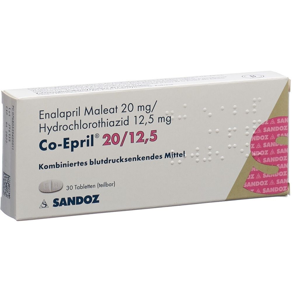 Kartonverpackung mit Produktinformationen. Text: CO-EPRIL Tabl 20/12.5 mg. Rosa und weiße Farbgebung. Kleines Format.