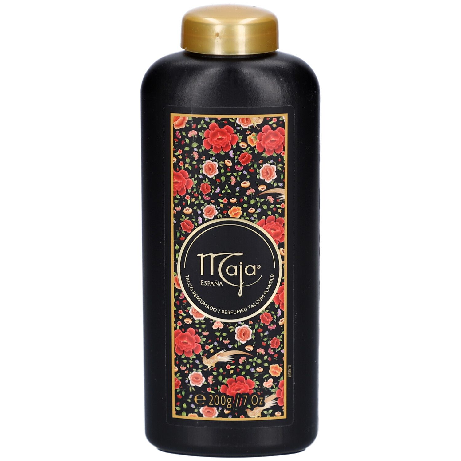 Flacon noir, bouchon doré. Étiquette florale avec logo Maja. Texte: Talco Perfumado, 200g/7.0 Oz.