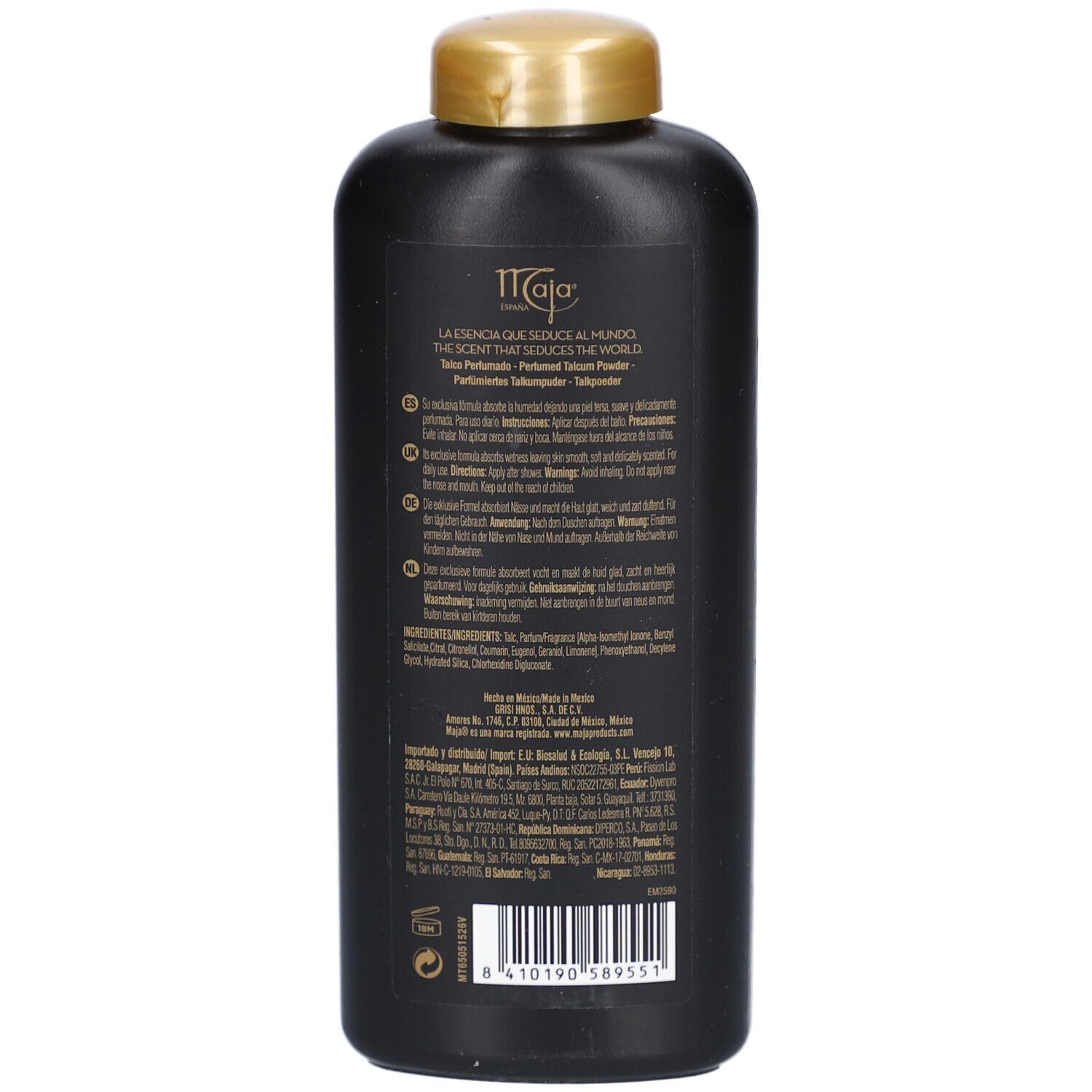 Dos du flacon noir. Texte: Maja, Talco Perfumado. Texte multilingue, ingrédients, code-barres.