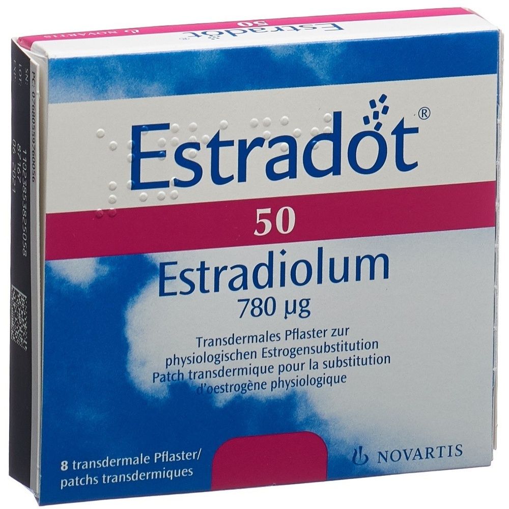 Kartonverpackung mit der Aufschrift "Estradot". Die Verpackung hat eine rote und blaue Farbgebung. Der Text "Estradiolum" ist ebenfalls sichtbar.
