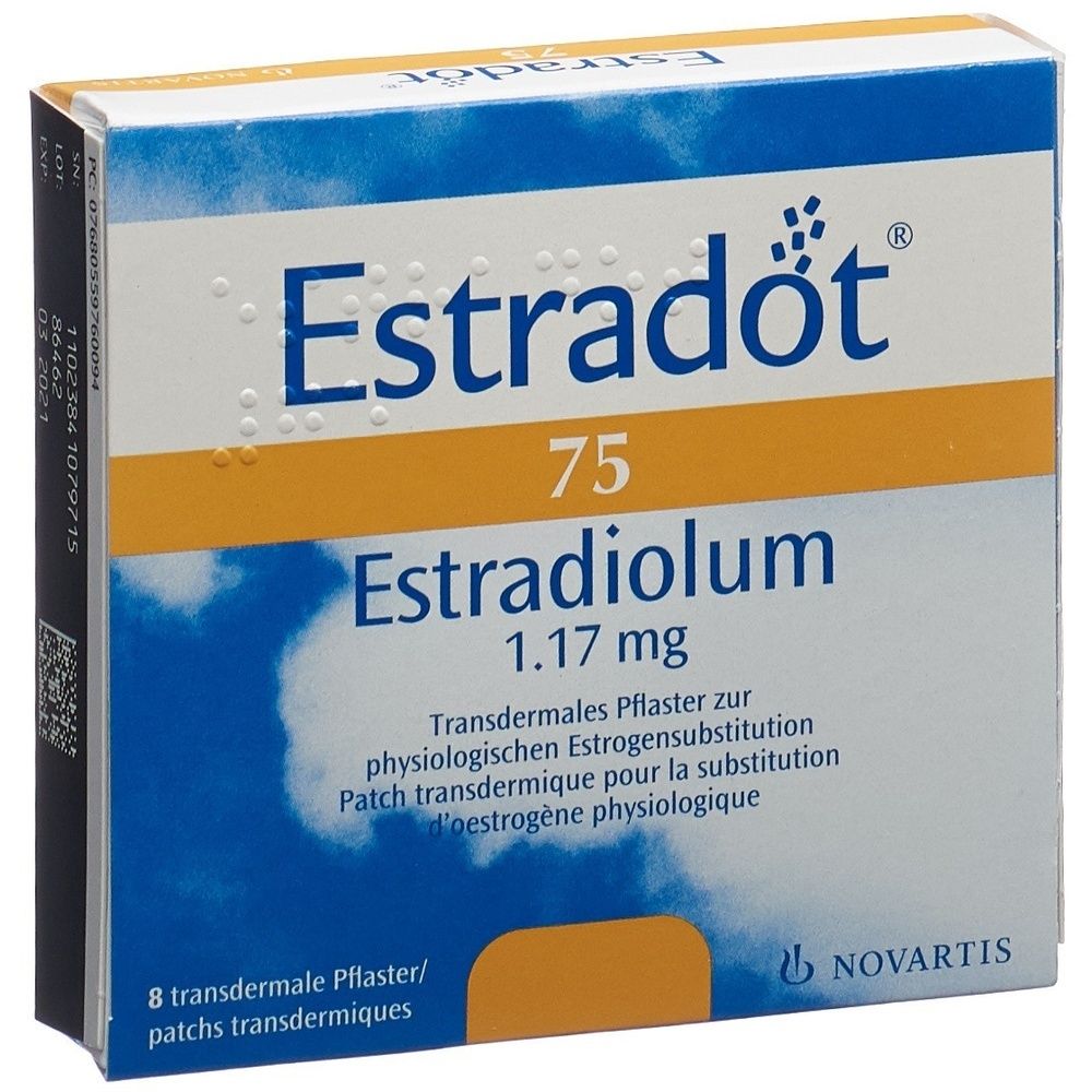 Kartonverpackung von Estradot. Blau, weiß und orangefarben. Der Produktname und die Dosierung sind auf der Verpackung deutlich sichtbar.