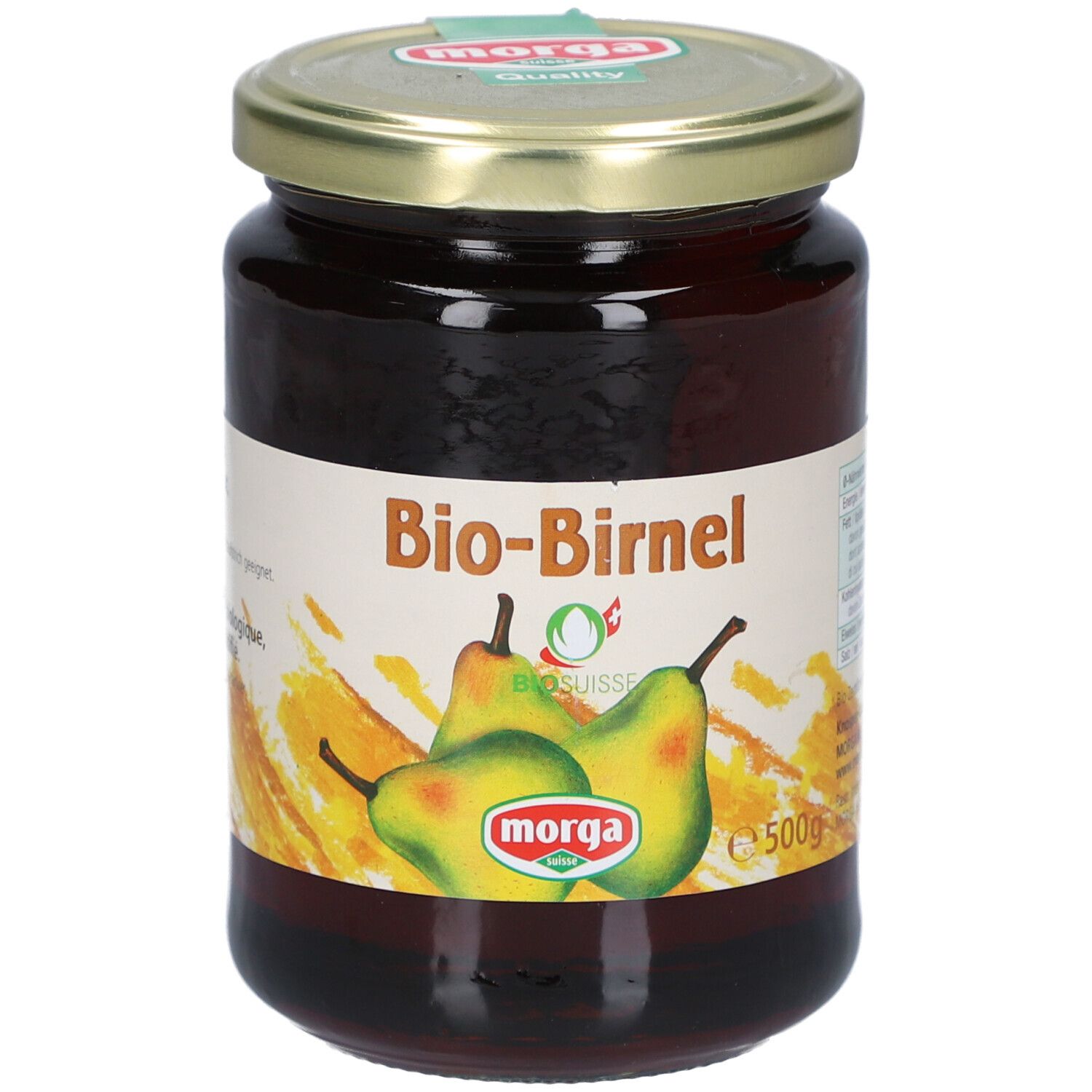 Glas mit Bio-Birnel-Konzentrat. Etikett mit Birnen-Illustration und Morga-Logo. Bio Suisse-Zertifizierung. 500g.