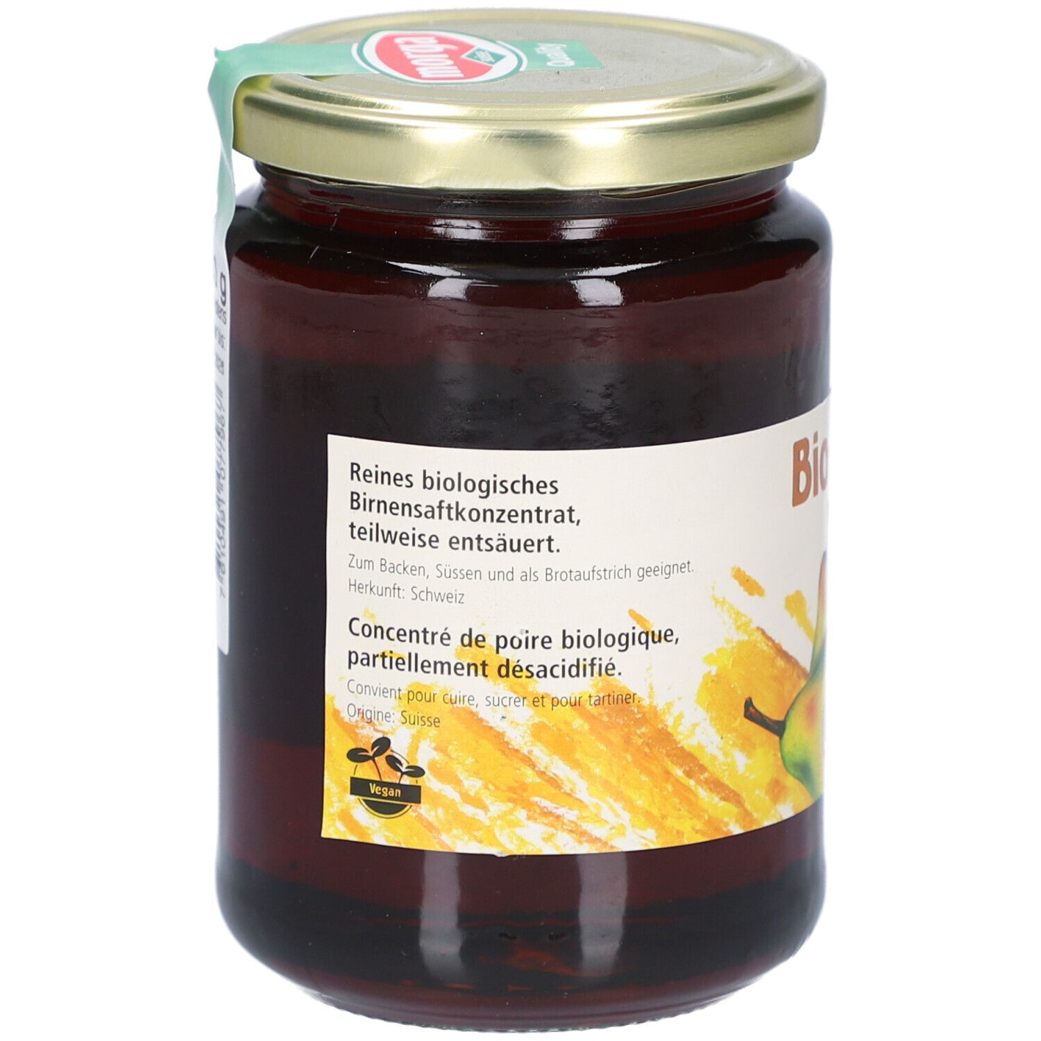 Glas mit Bio-Birnel-Konzentrat. Etikett mit Text: Reines biologisches Birnensaftkonzentrat, teilweise entsäuert. Vegan-Siegel.