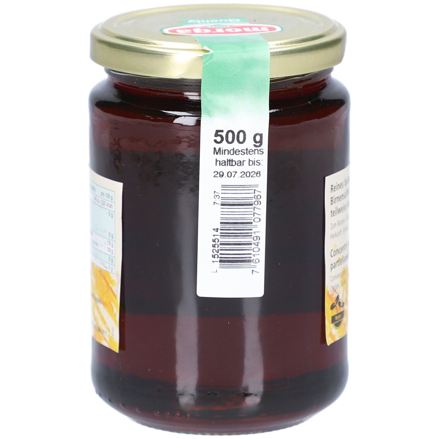 Glas mit Bio-Birnel-Konzentrat. Etikett mit Mindesthaltbarkeitsdatum und Barcode. Grünes Siegel am Deckel.