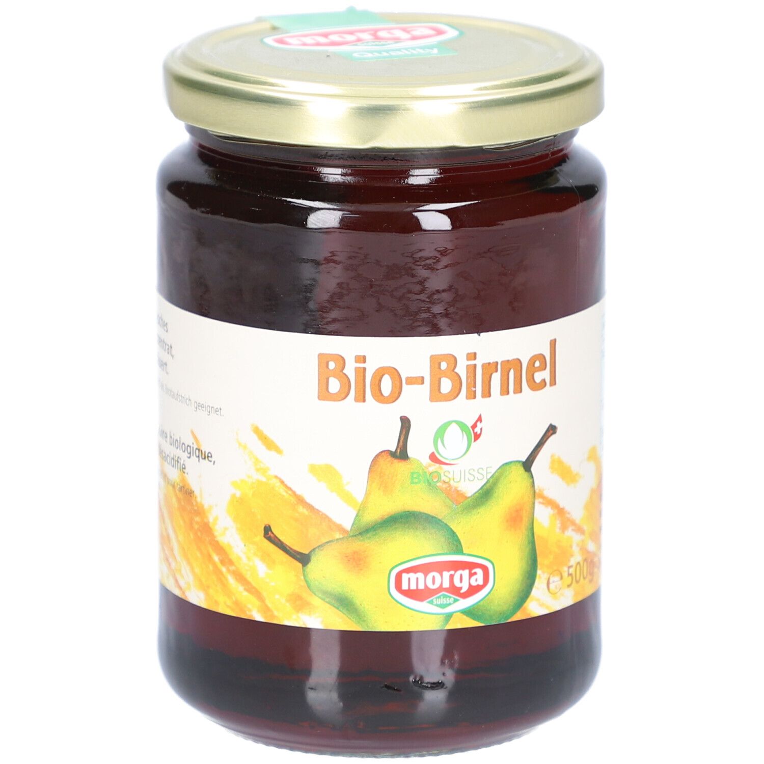 Glas mit Bio-Birnel-Konzentrat. Etikett mit Birnen-Illustration, Morga-Logo und Bio Suisse-Zertifizierung. 500g.