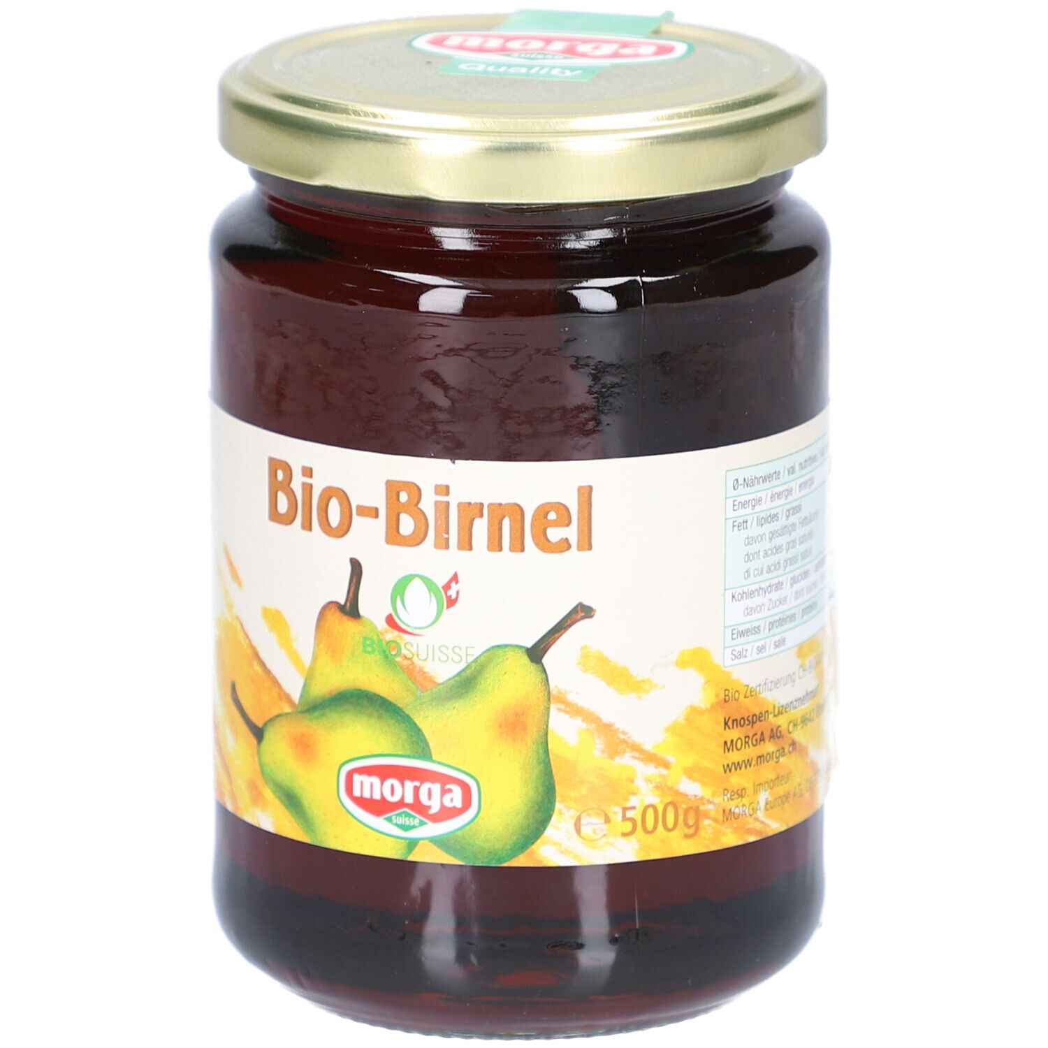 Glas mit Bio-Birnel-Konzentrat. Etikett mit Birnen-Illustration, Morga-Logo und Bio Suisse-Zertifizierung. 500g.
