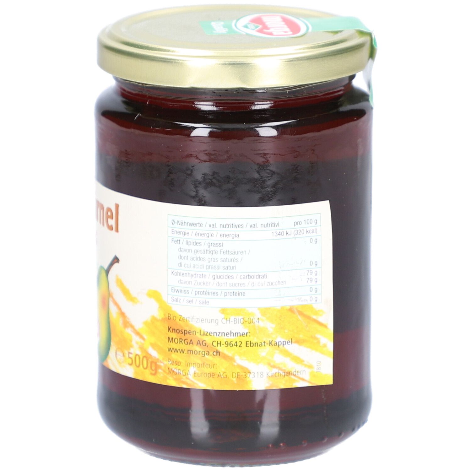 Glas mit Bio-Birnel-Konzentrat. Etikett mit Nährwertangaben und Herstellerinformationen. 500g.