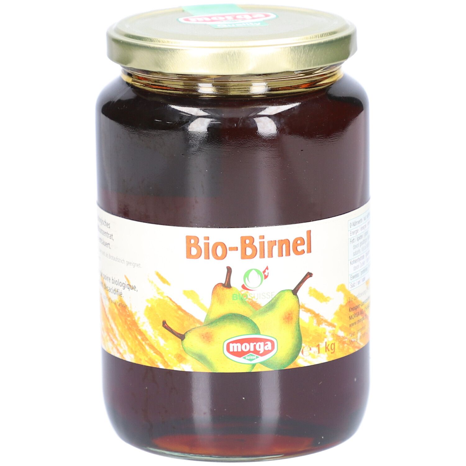 Bocal de concentré Bio-Birnel. Étiquette avec illustration de poires et logo. Couvercle doré. 1 kg.