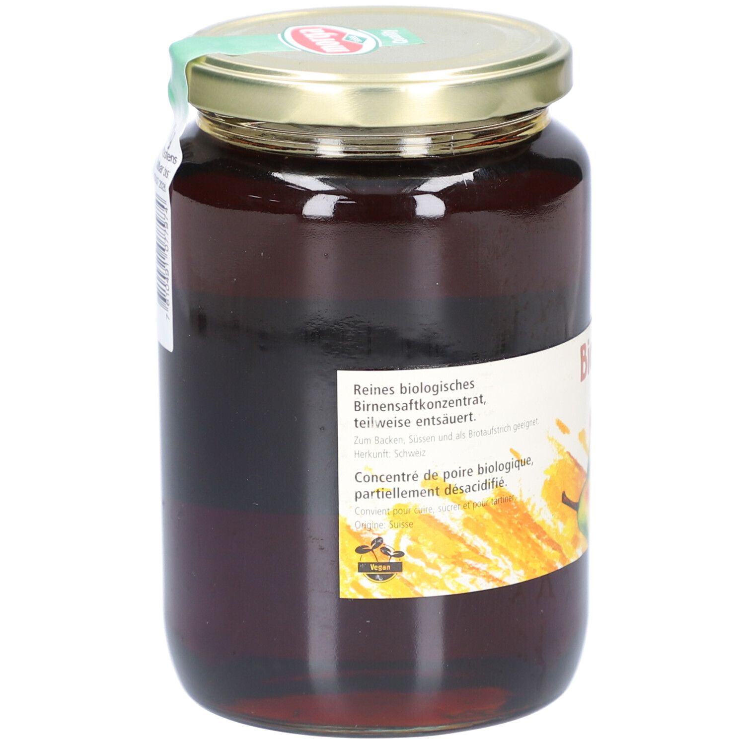 Bocal de concentré Bio-Birnel. Étiquette avec texte et logo. Couvercle doré. Sceau vert.