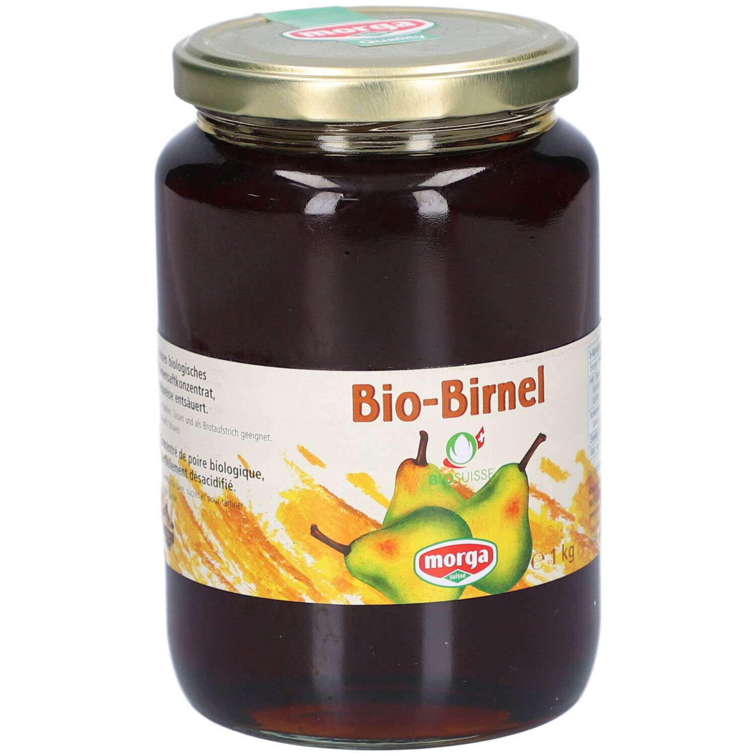 Bocal de concentré Bio-Birnel. Étiquette avec illustration de poires et logo. Couvercle doré. 1 kg.