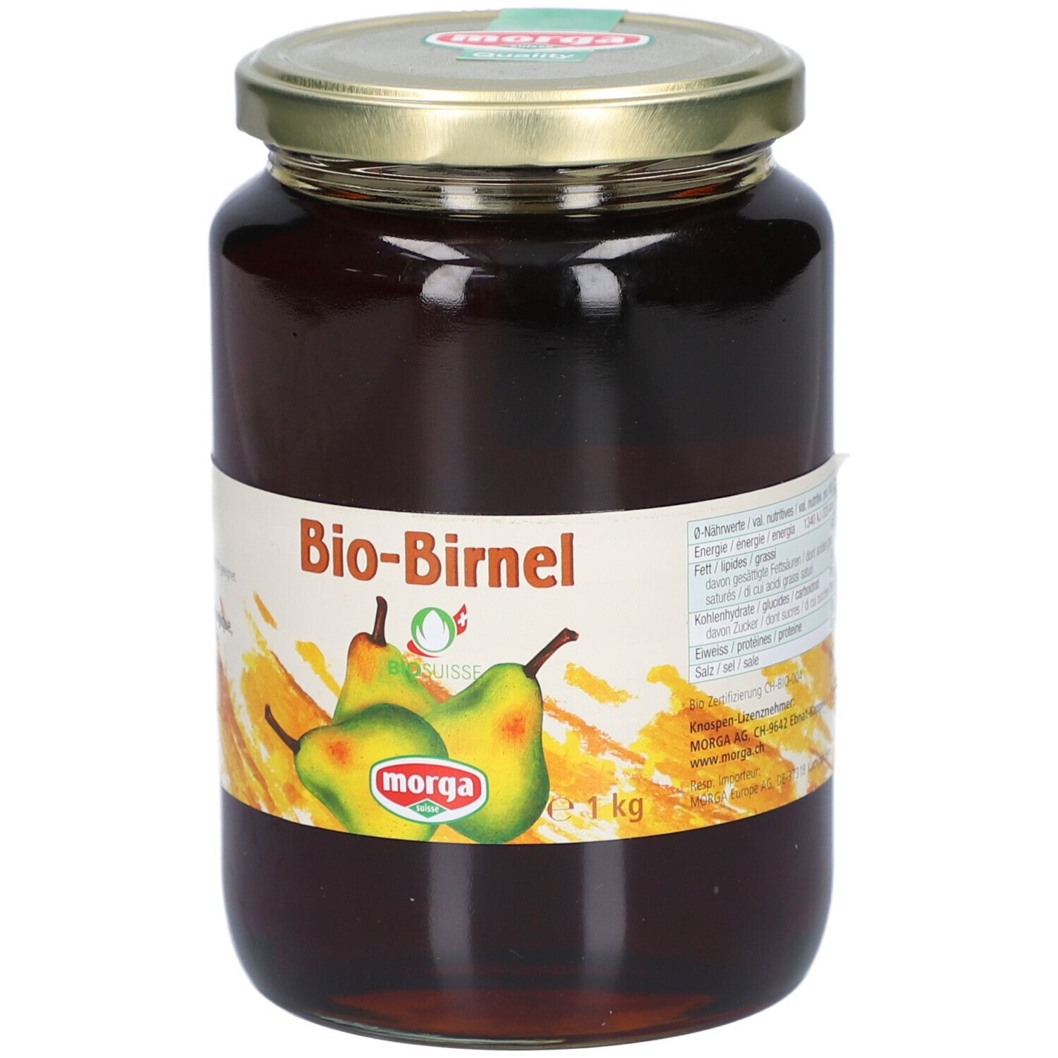 Bocal de concentré Bio-Birnel. Étiquette avec illustration de poires, logo et texte. Couvercle doré. 1 kg.