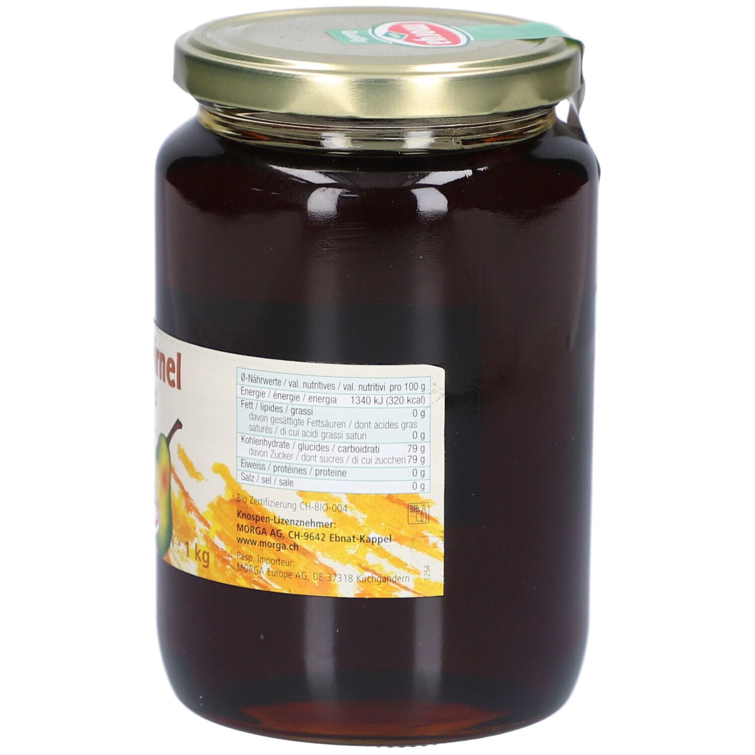 Bocal de concentré Bio-Birnel. Étiquette avec informations nutritionnelles et texte. Couvercle doré. 1 kg.