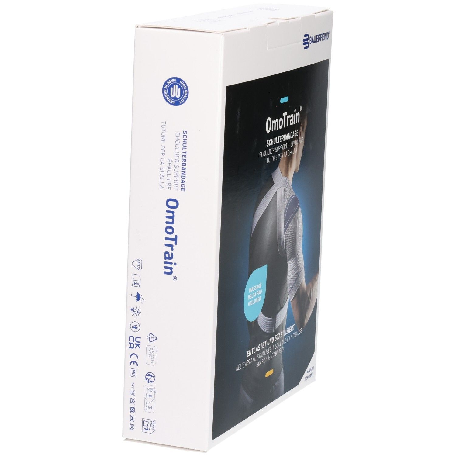 Seite der Verpackung der BAUERFEIND OmoTrain Schulter-Aktivbandage mit Produktinformationen und Zertifizierungszeichen.