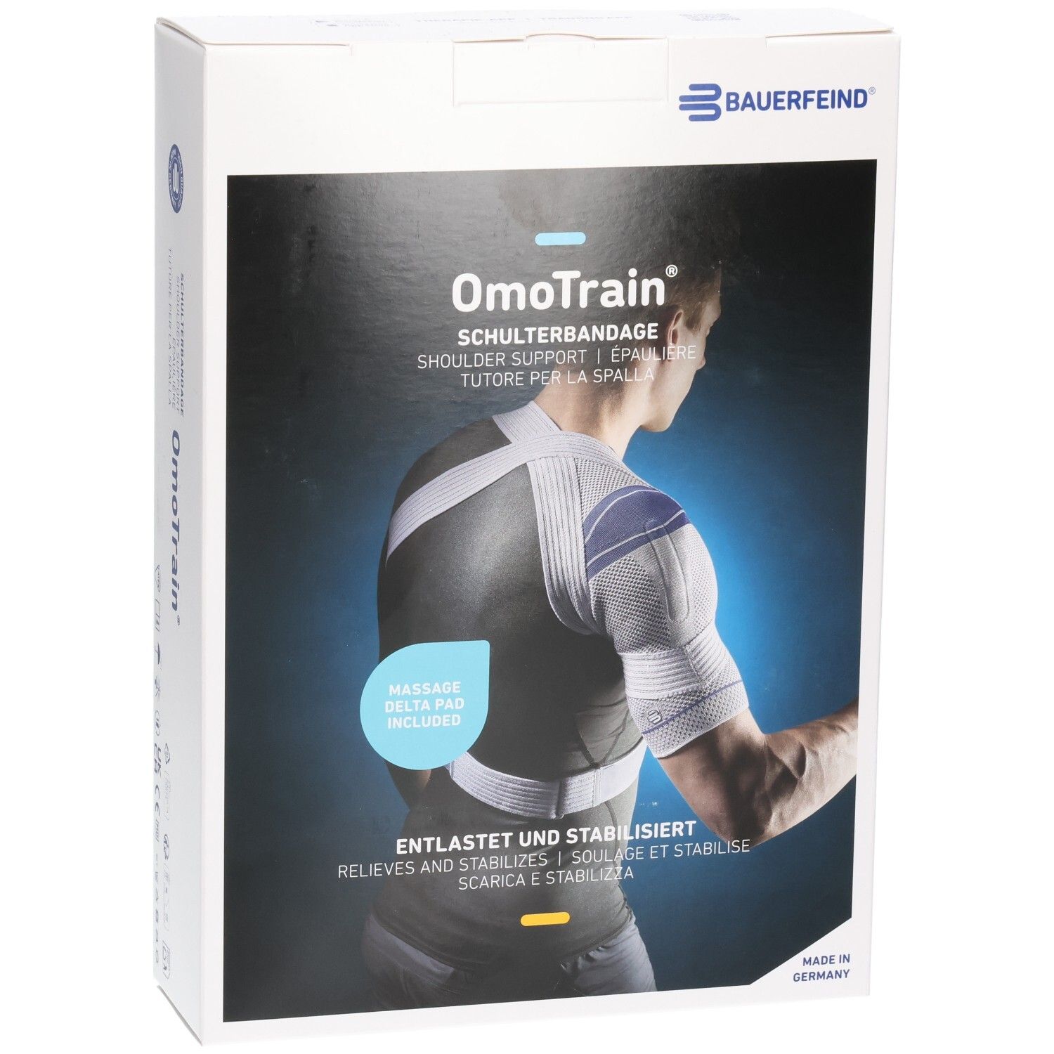 Verpackung der BAUERFEIND OmoTrain Schulter-Aktivbandage mit Abbildung eines Mannes, der die Bandage trägt.