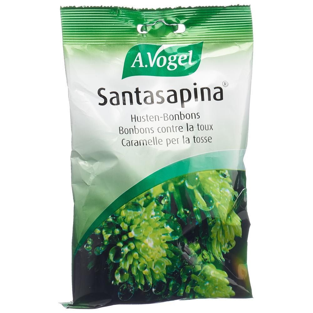 Sachet de bonbons contre la toux Santasapina, marque A.Vogel. Inscriptions en allemand, français et italien. Emballage vert et blanc.