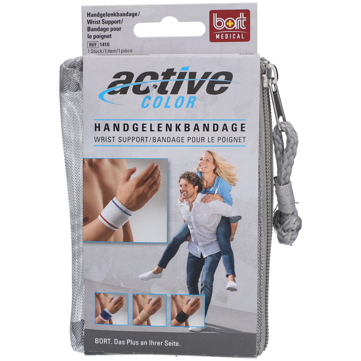 BORT ActiveColor Handgelenkbandage in Verpackung. Grau-silberne Tasche mit Reißverschluss. Produktabbildung und Logo.