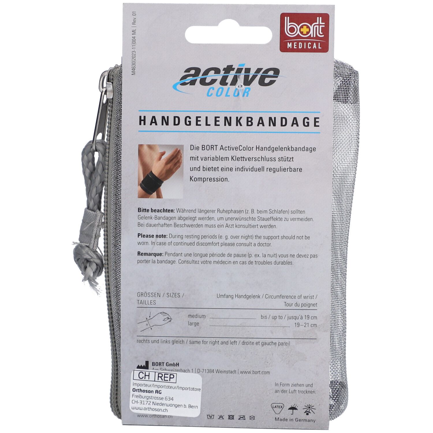 Rückseite der Verpackung. Textinformationen zur Handgelenkbandage. Größenangaben und Logo von BORT Medical.