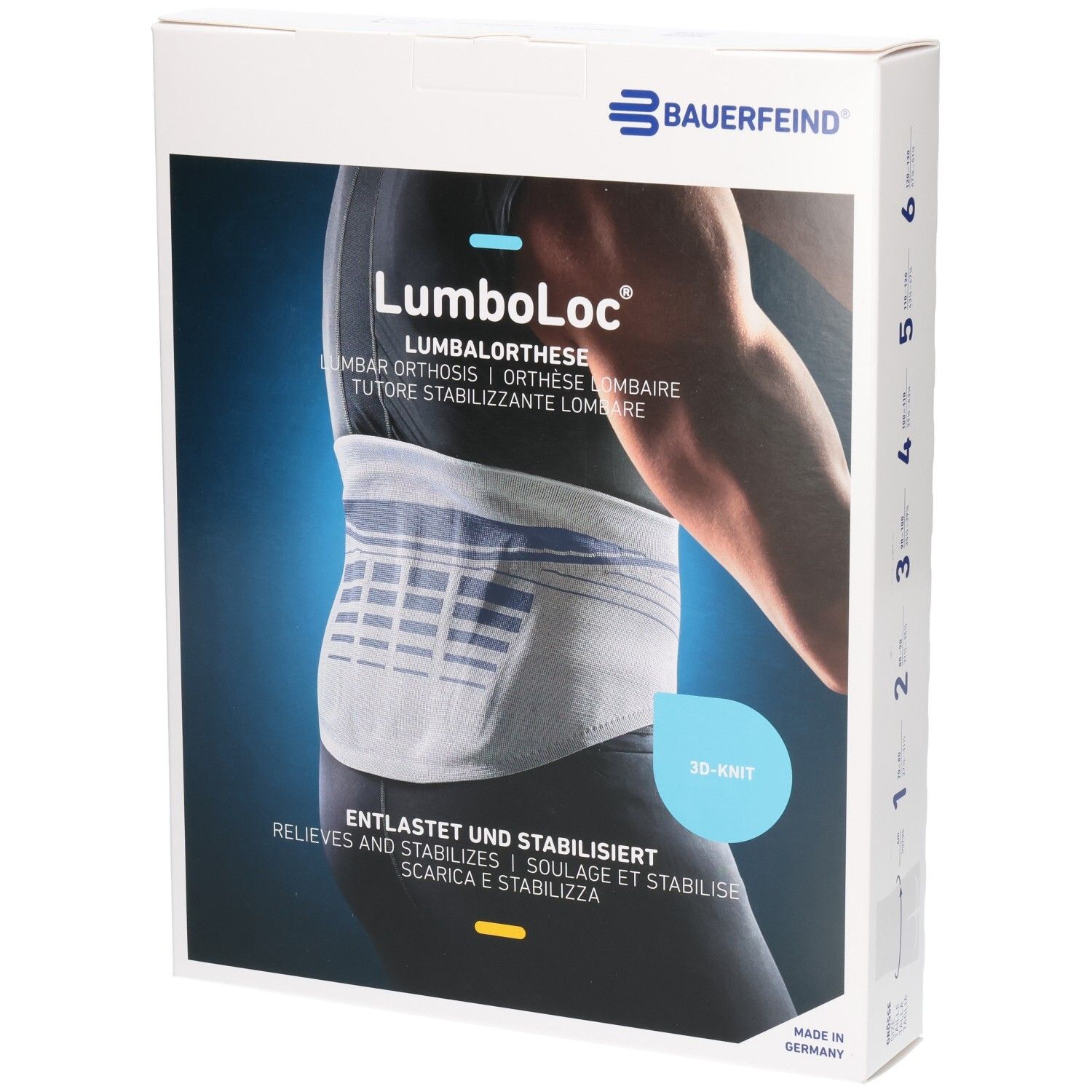 Verpackung der Bauerfeind LumboLoc Lumbalorthese mit Abbildung eines Trägers.