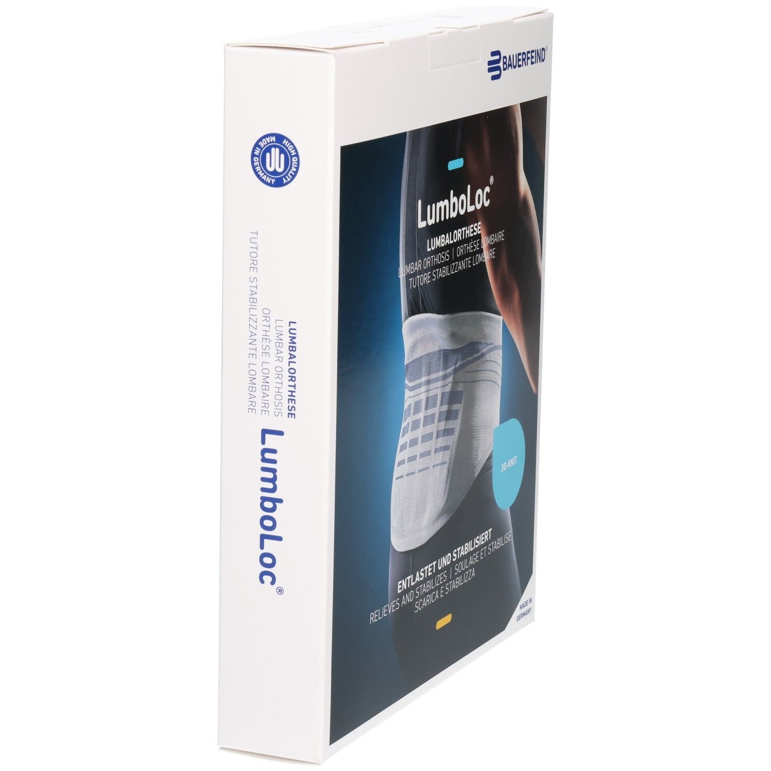 Seitenansicht der Verpackung der Bauerfeind LumboLoc Lumbalorthese.