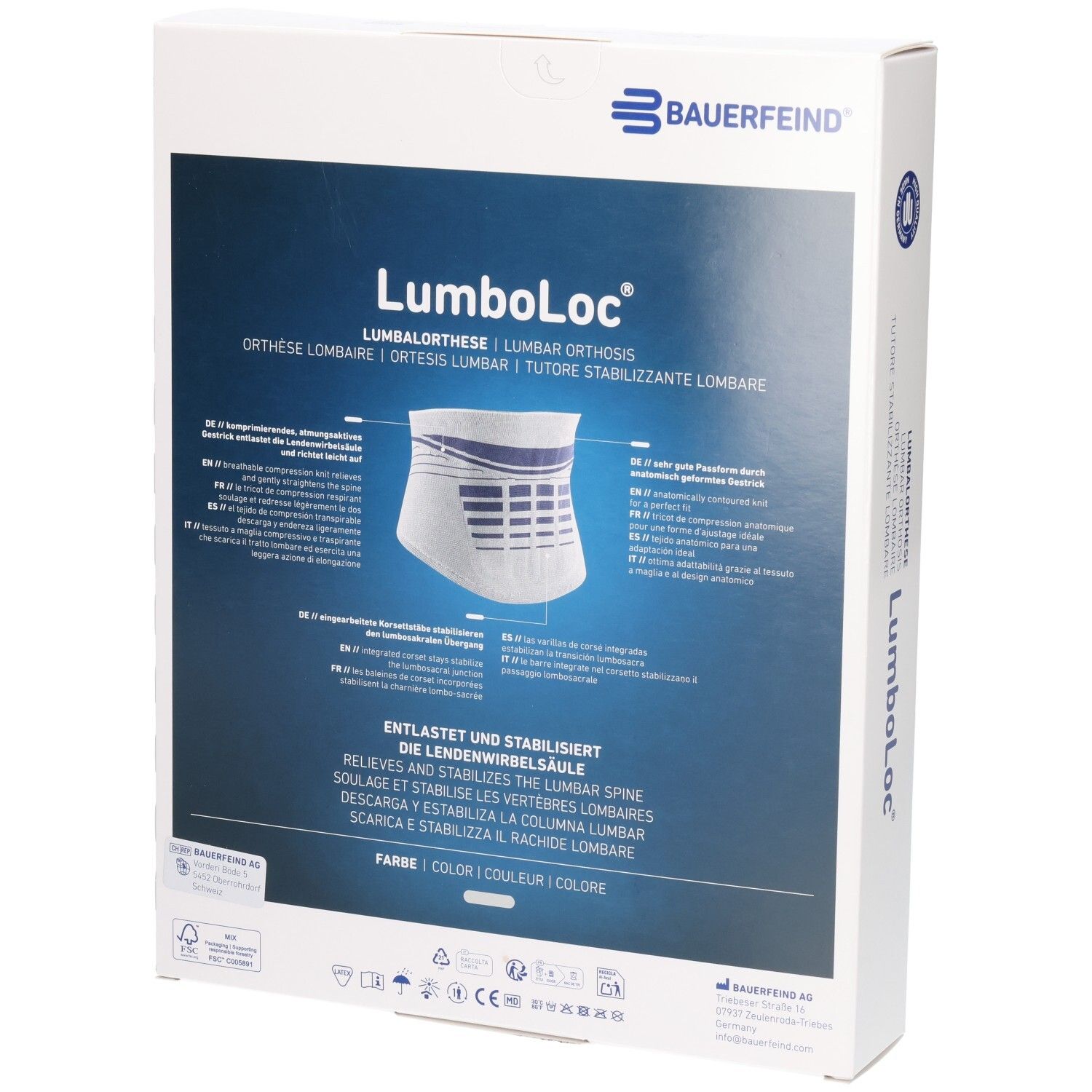Rückseite der Verpackung der Bauerfeind LumboLoc Lumbalorthese mit Detailinformationen.