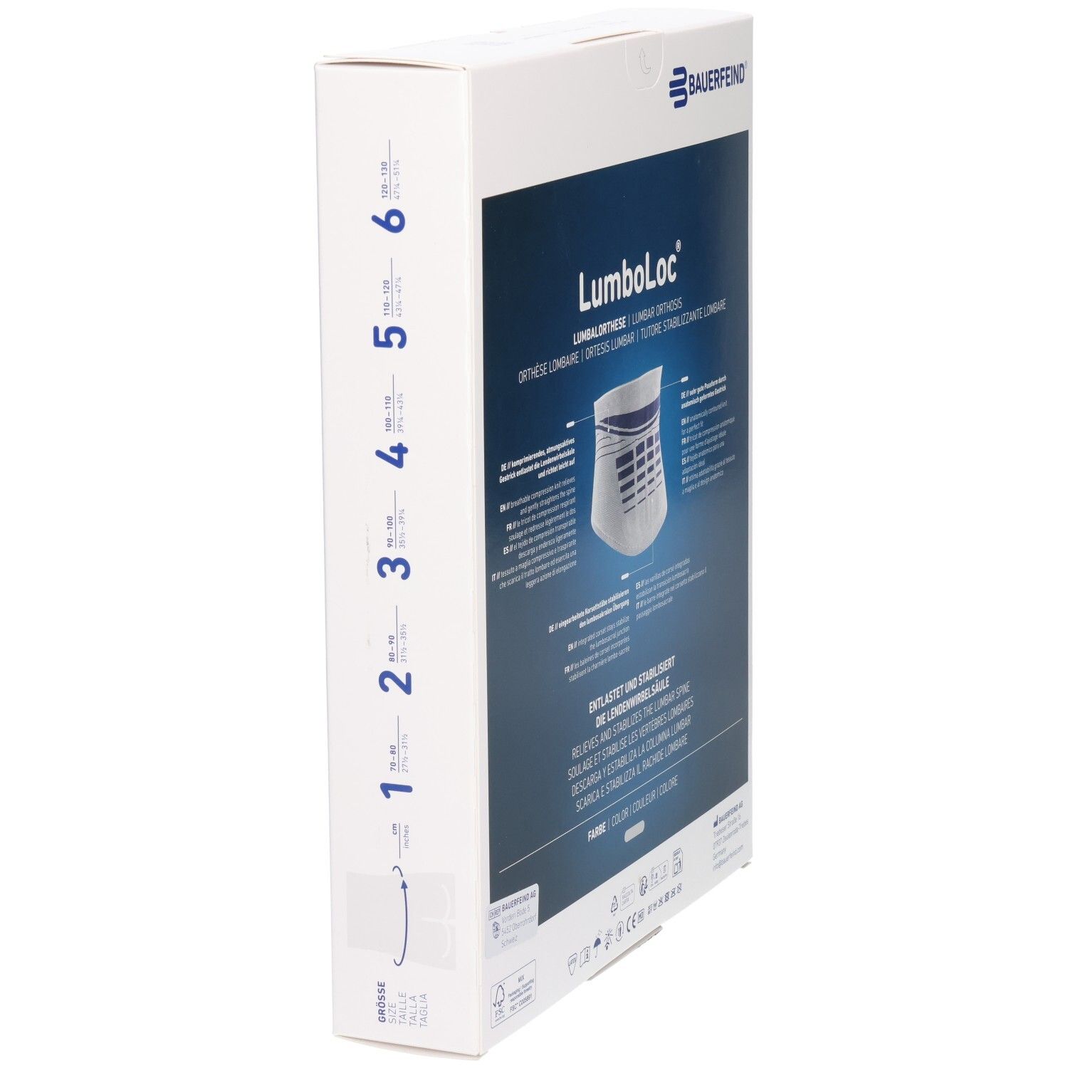 Seitenansicht der Verpackung der Bauerfeind LumboLoc Lumbalorthese mit Grössenangabe.