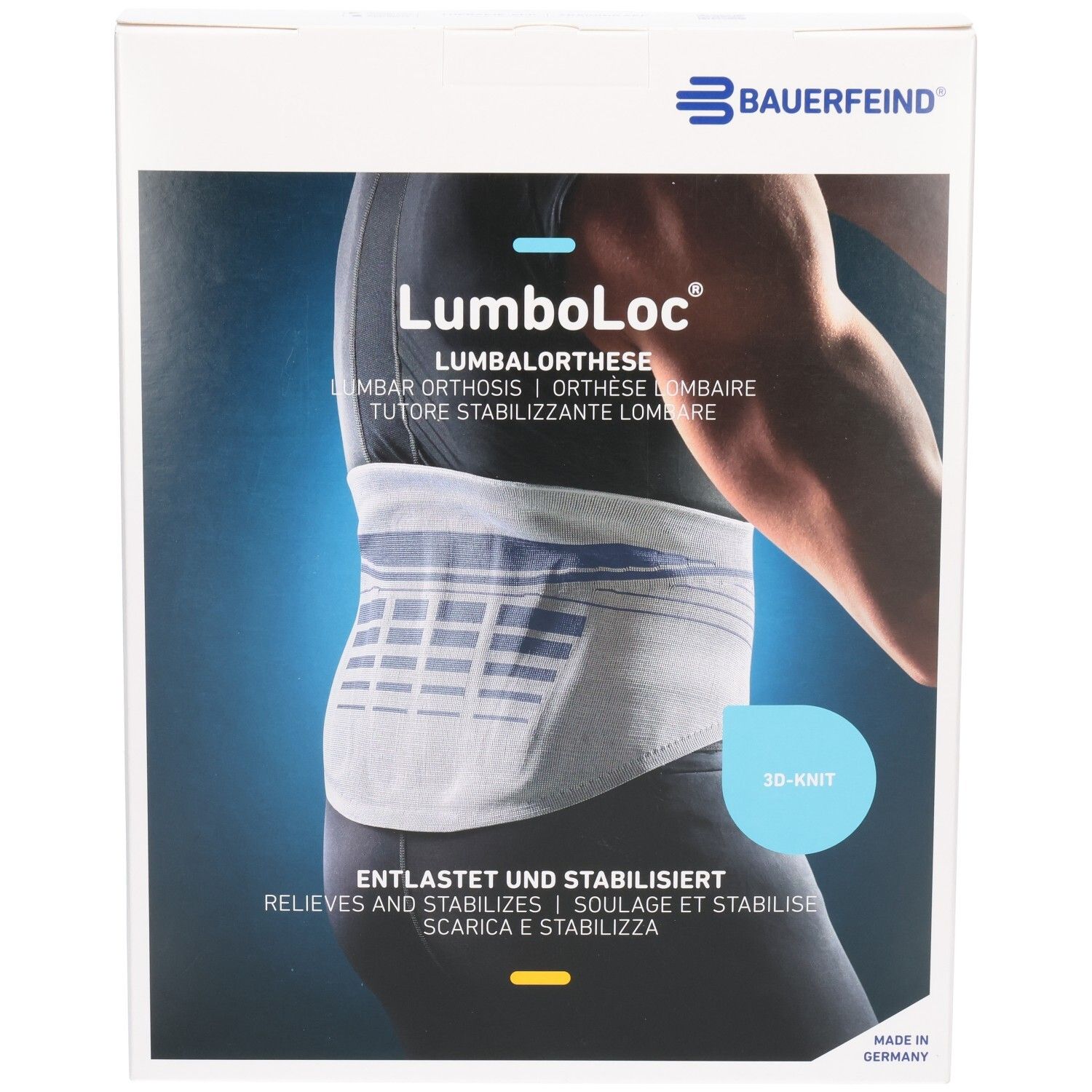 Verpackung der Bauerfeind LumboLoc Lumbalorthese mit Abbildung eines Trägers.