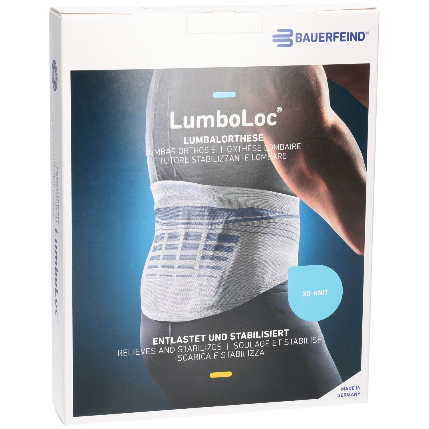 Verpackung der Bauerfeind LumboLoc Lumbalorthese mit Abbildung eines Trägers.