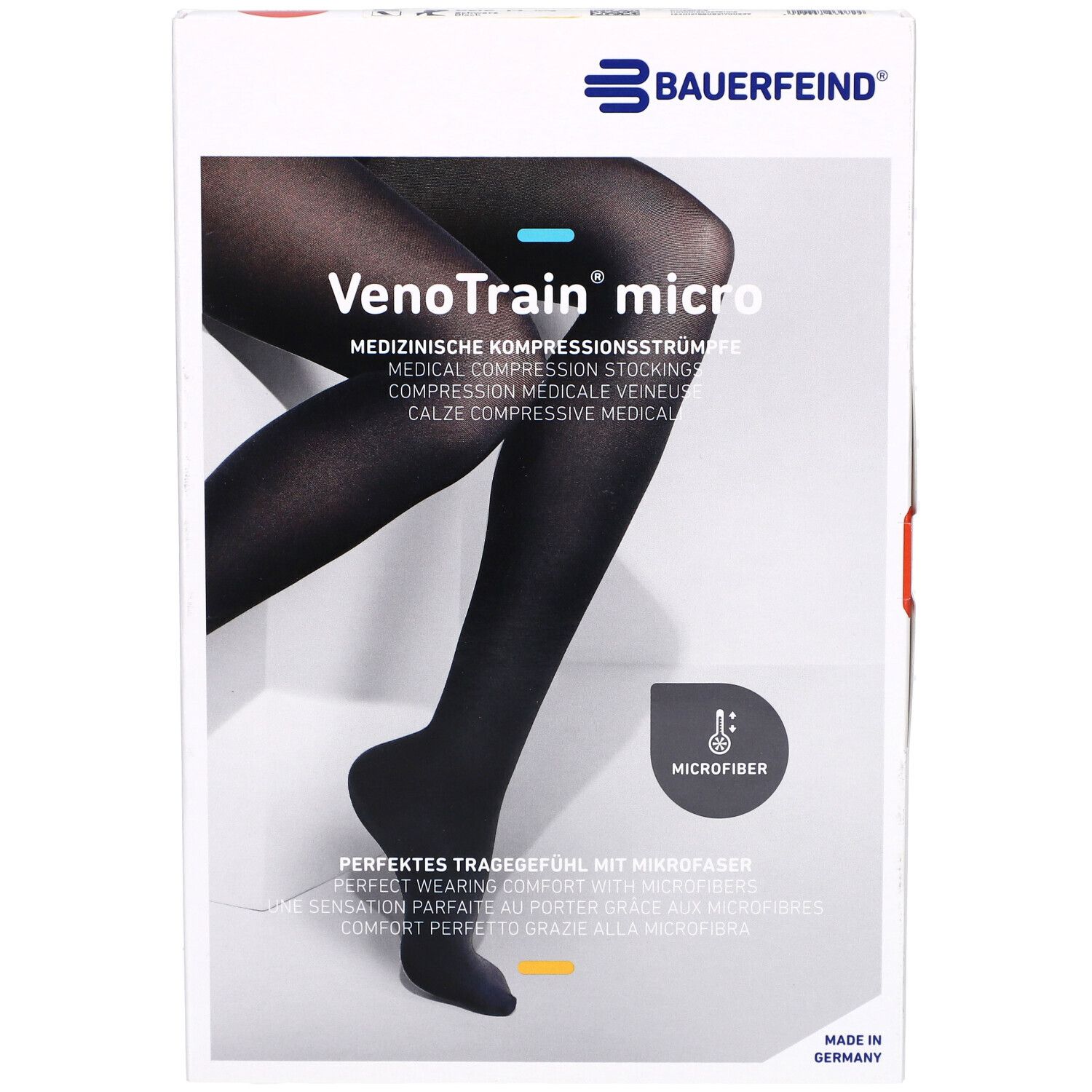 Verpackung mit Kompressionsstrümpfen. Schwarze Strümpfe abgebildet. Marke: Bauerfeind, Modell: VenoTrain micro. Microfaser.