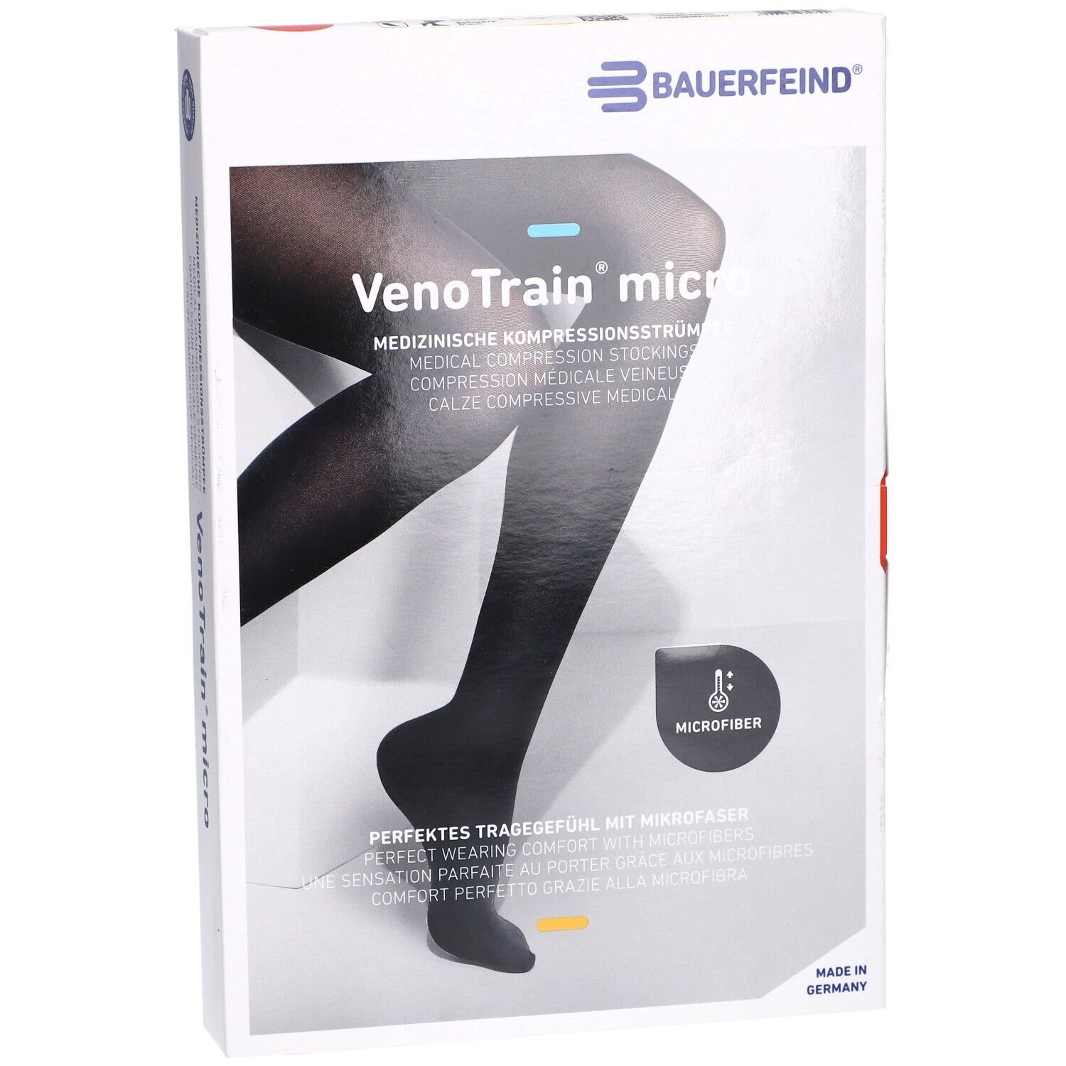 Verpackung mit Kompressionsstrümpfen. Schwarze Strümpfe abgebildet. Marke: Bauerfeind, Modell: VenoTrain micro. Microfaser.