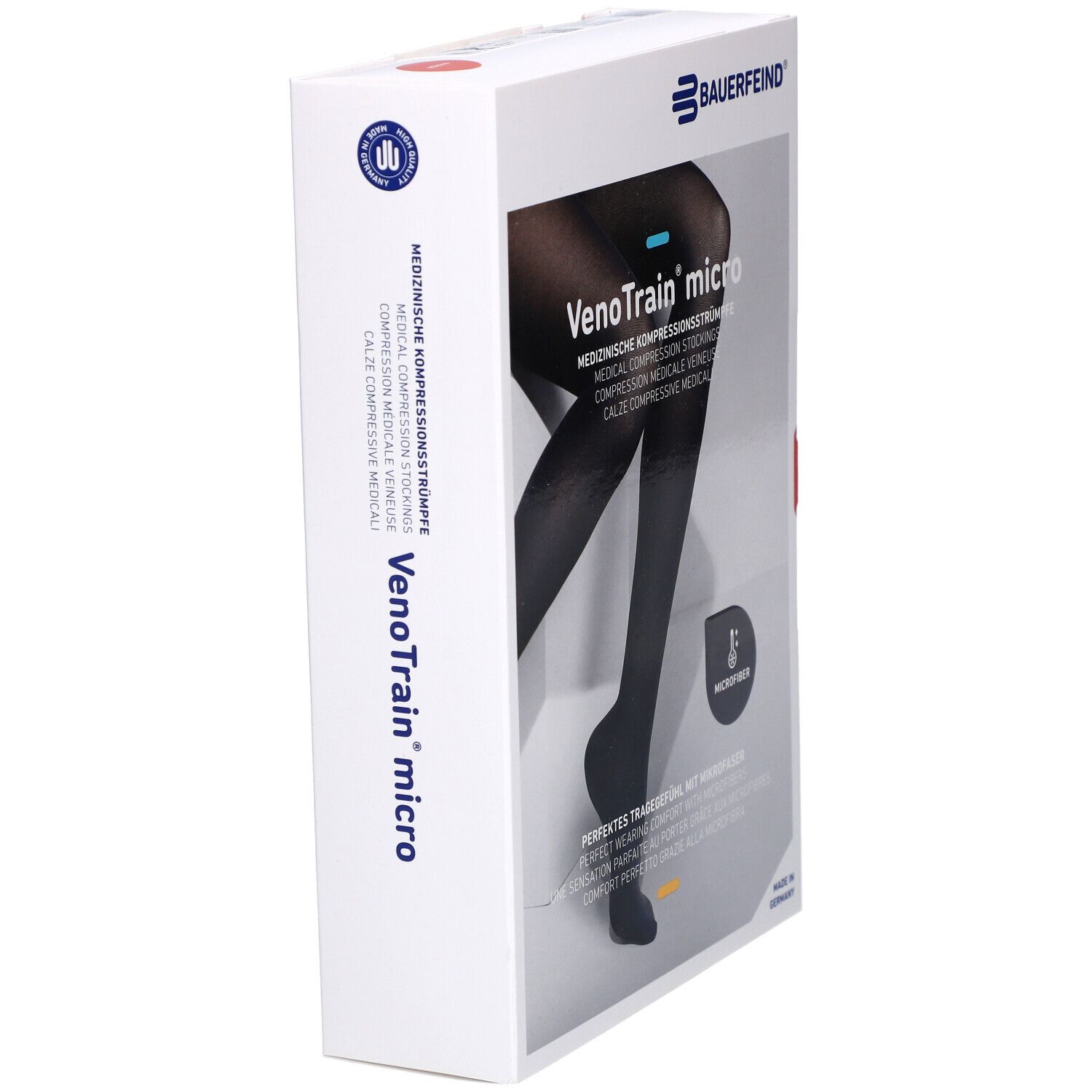 Boîte de bas de compression noirs. Marque Bauerfeind, modèle VenoTrain micro. Taille M. Fabriqué en Allemagne.