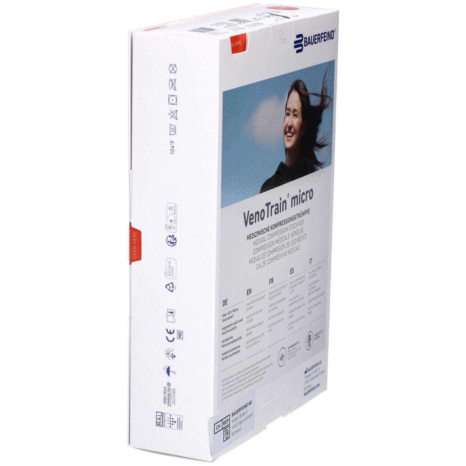 Boîte de bas de compression. Marque Bauerfeind, modèle VenoTrain micro. Informations et symboles.