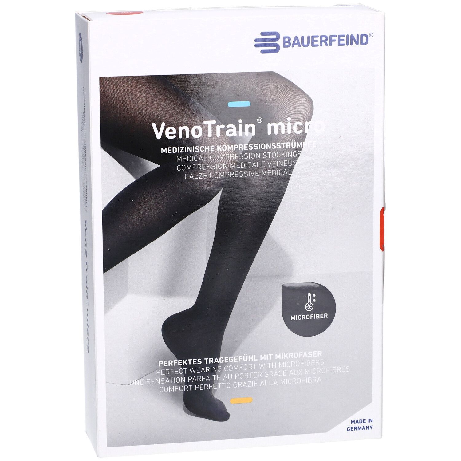 Boîte de bas de compression noirs. Marque Bauerfeind, modèle VenoTrain micro. Microfibre. Fabriqué en Allemagne.