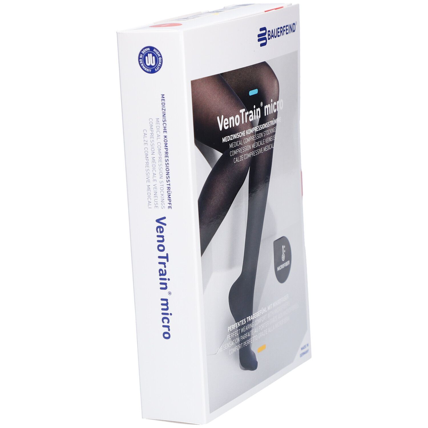 Schachtel mit Kompressionsstrümpfen. Marke BAUERFEIND, Produktname VenoTrain micro. Schwarze Strümpfe. Made in Germany.