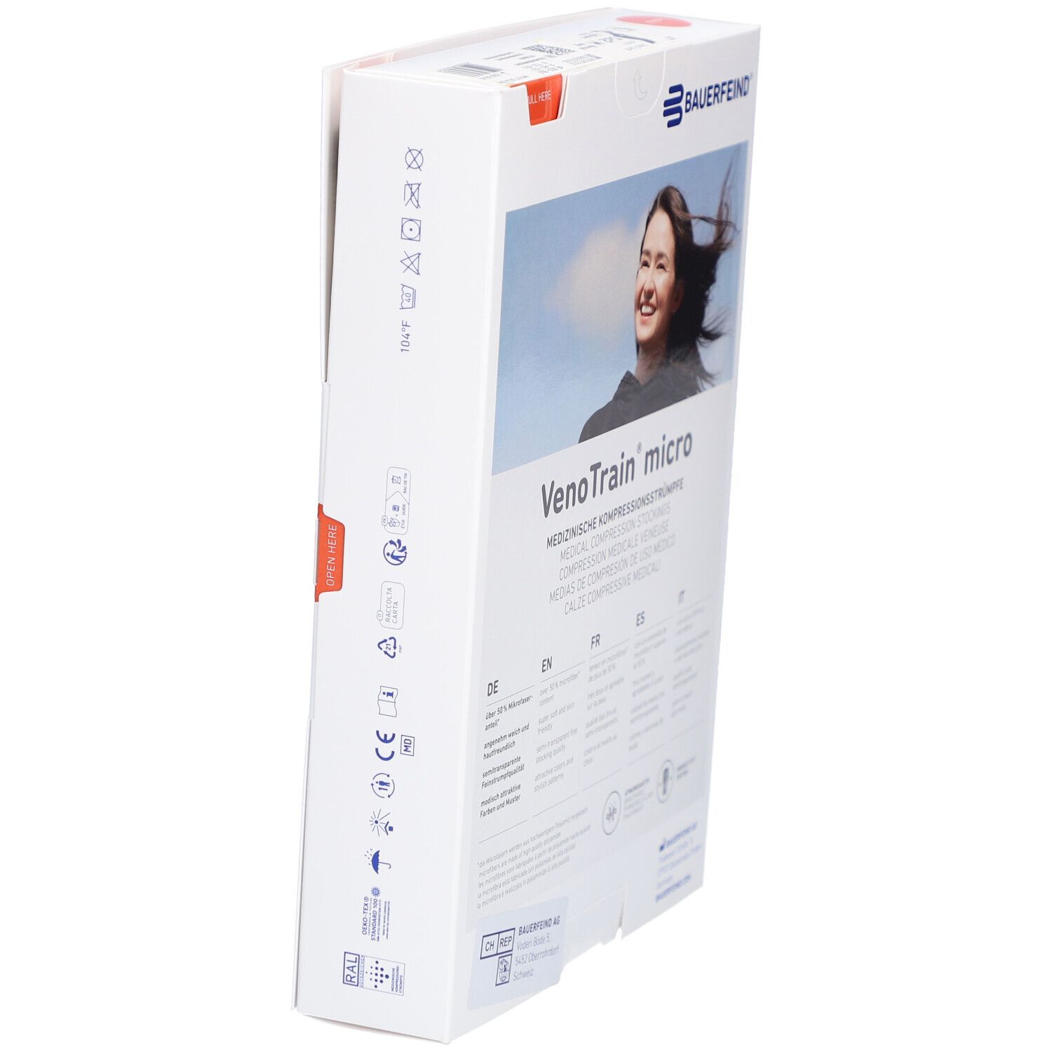 Verpackung mit Kompressionsstrümpfen. Marke BAUERFEIND, Produktname VenoTrain micro. Mehrsprachige Produktinformationen.