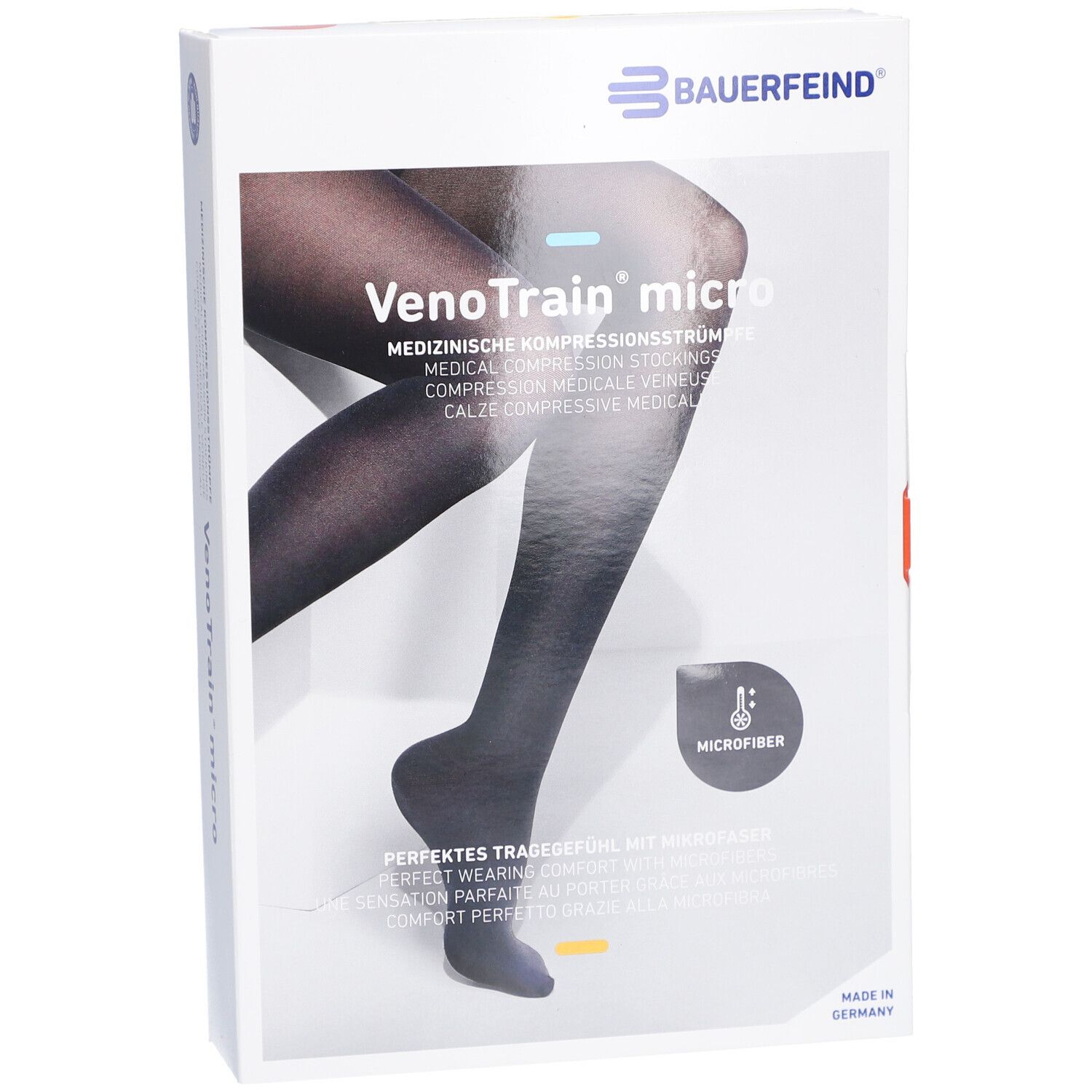 Verpackung mit Kompressionsstrümpfen. Schwarze Strümpfe auf weißem Hintergrund. Marke: BAUERFEIND, Produktname: VenoTrain micro.
