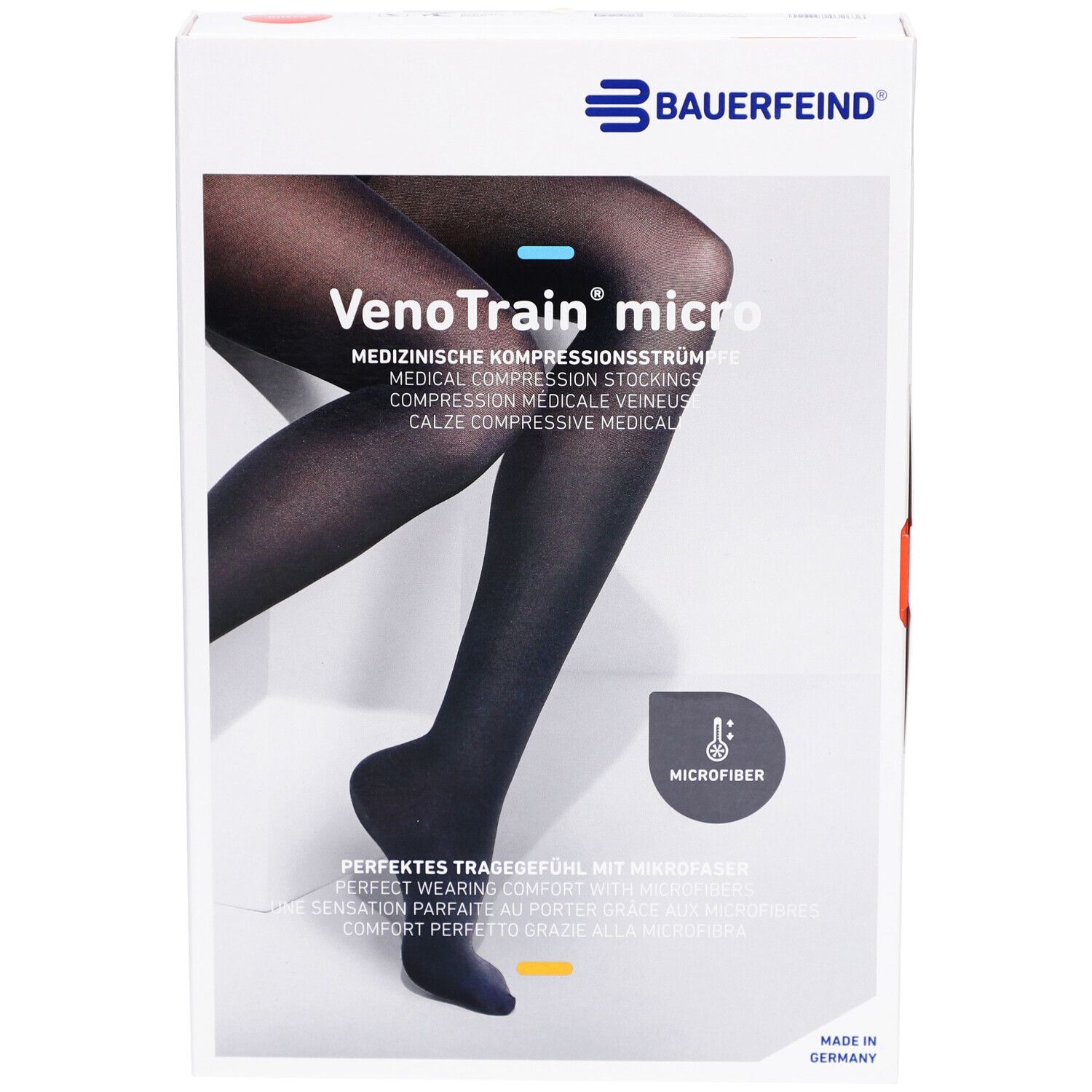 Verpackung mit Kompressionsstrümpfen. Schwarze Strümpfe auf der Verpackung abgebildet. Marke: BAUERFEIND VenoTrain micro.