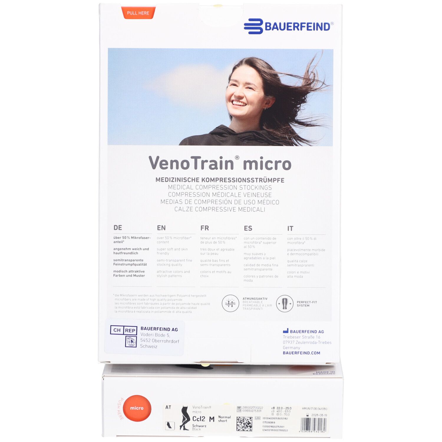 Rückseite der Verpackung. Marke Bauerfeind, VenoTrain micro. Informationen in Deutsch, Englisch, Französisch, Spanisch, Italienisch.