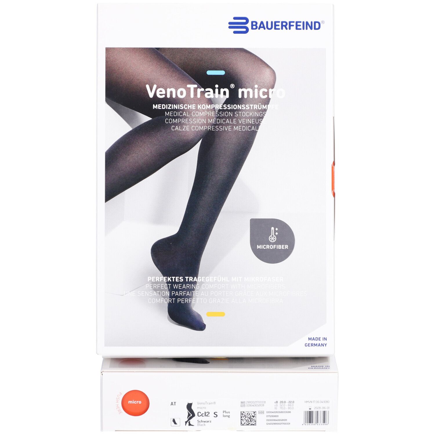 Kompressionsstrümpfe in Verpackung. VenoTrain micro, schwarz. Medizinische Kompressionsstrümpfe. Marke Bauerfeind. CCL2, Größe D plus/langer Fuß.