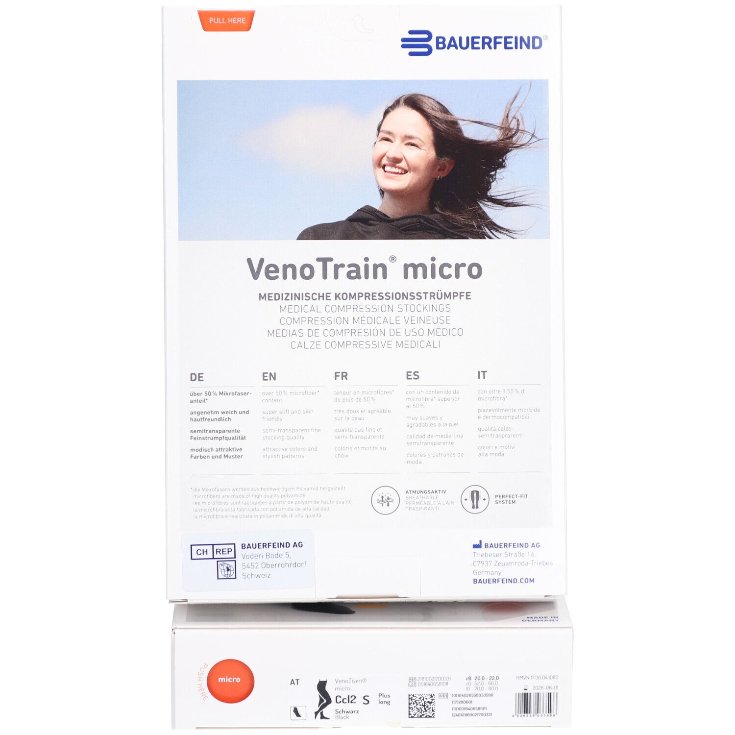 Rückseite der Verpackung. VenoTrain micro. Medizinische Kompressionsstrümpfe. Marke Bauerfeind. Informationen in verschiedenen Sprachen.
