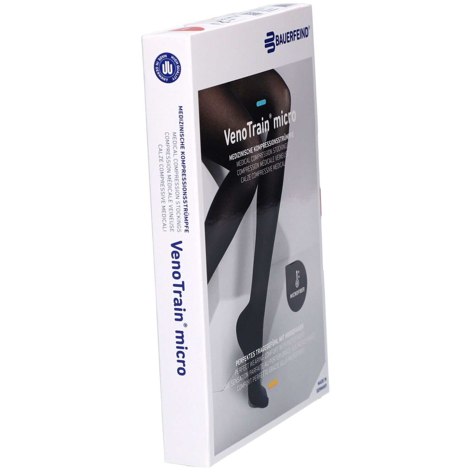 Verpackung mit Kompressionsstrümpfen. Marke: Bauerfeind. Produkt: VenoTrain micro. Seitenansicht der Verpackung.