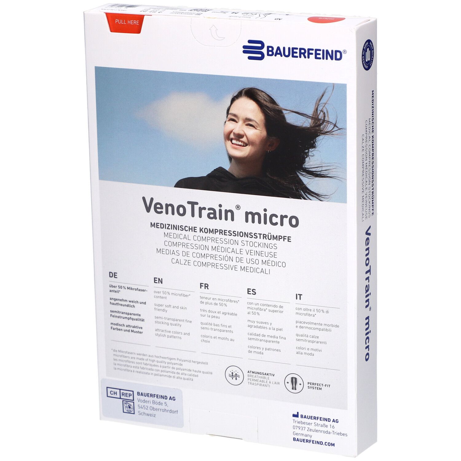 Rückseite der Verpackung mit Kompressionsstrümpfen. Marke: Bauerfeind. Produkt: VenoTrain micro. Informationen in mehreren Sprachen.
