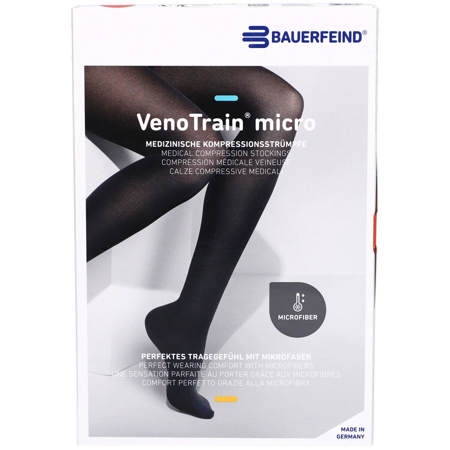 Verpackung mit Kompressionsstrümpfen. Marke: Bauerfeind. Produkt: VenoTrain micro. Schwarze Strümpfe abgebildet.