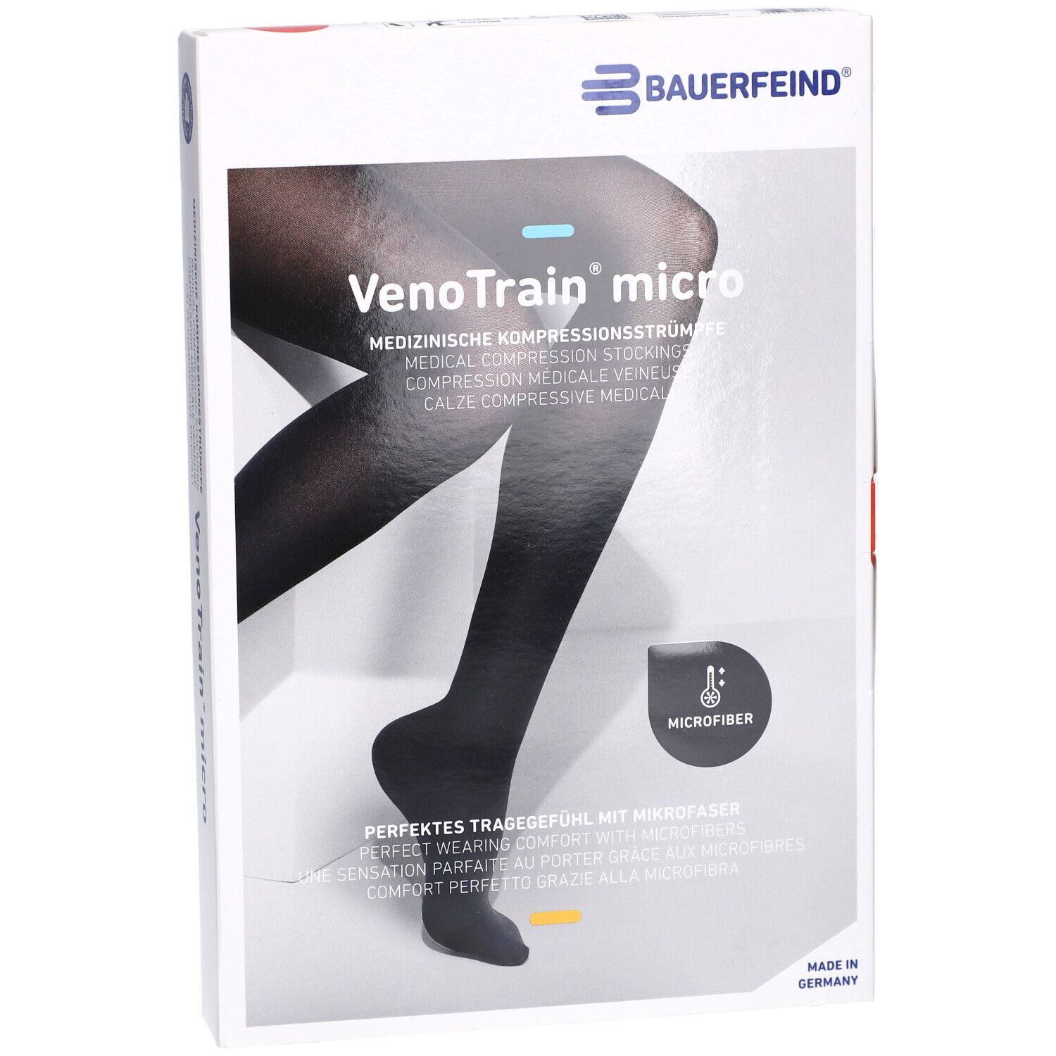 Verpackung mit Kompressionsstrümpfen. Marke: Bauerfeind. Produkt: VenoTrain micro. Schwarze Strümpfe abgebildet.
