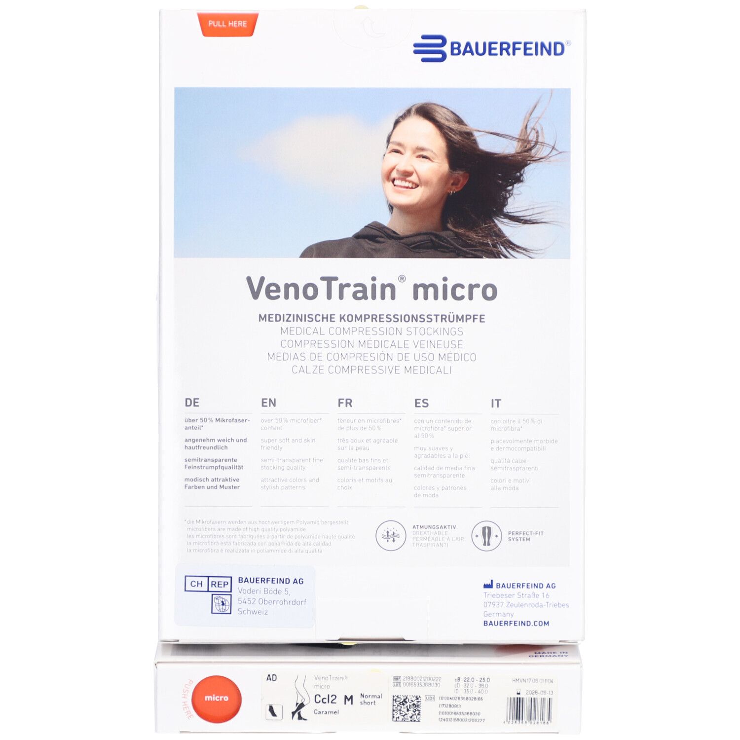 Rückseite der Verpackung mit Produkt- und Markenbezeichnung. CCL2, Größe M. Caramel.