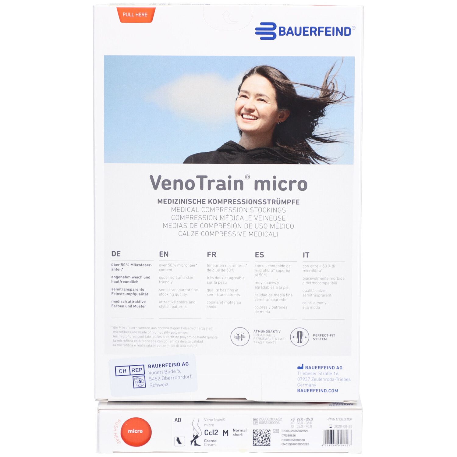 Rückseite der Verpackung von Kompressionsstrümpfen. Marke Bauerfeind, VenoTrain micro. Text, Produktinformationen.
